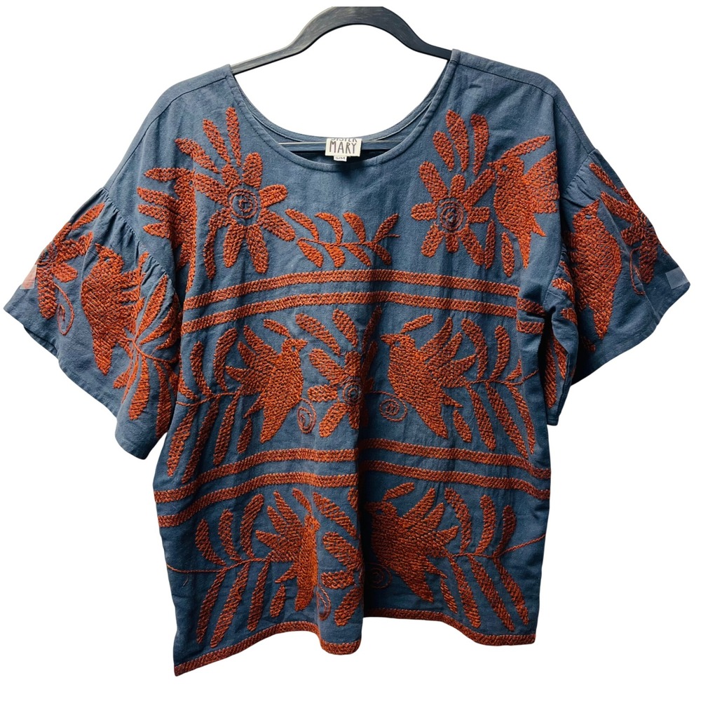 Sister Mary Luna Dee Embroidered Bird Top M Boho Peasant Folk Ethnic Artsy Boxy
